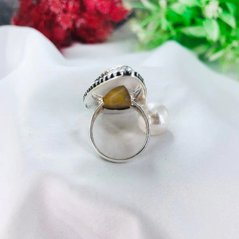 925 Sterling Silver Bumble Bee Jasper Gemstone Statement Ring Gift For Her