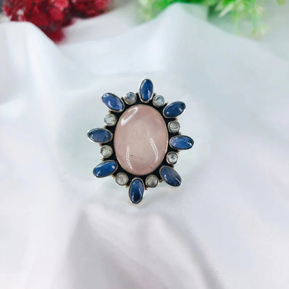 Natural Rose Quartz Gemstone 925 Sterling Silver Women Statement Ring Gift For Her