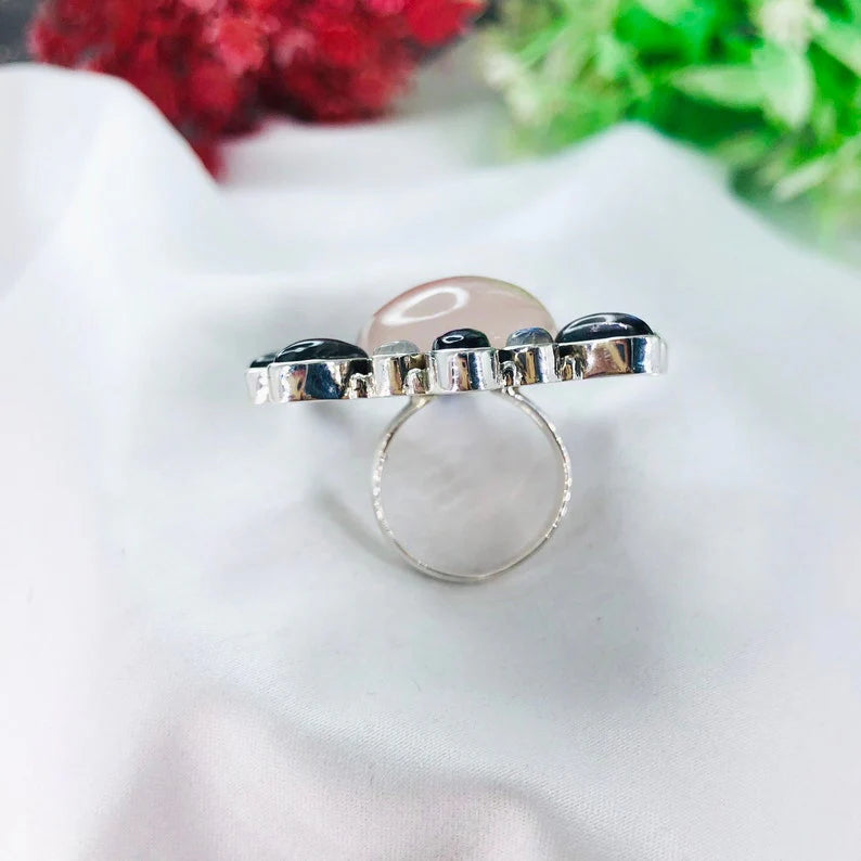 Natural Rose Quartz Gemstone 925 Sterling Silver Women Statement Ring Gift For Her