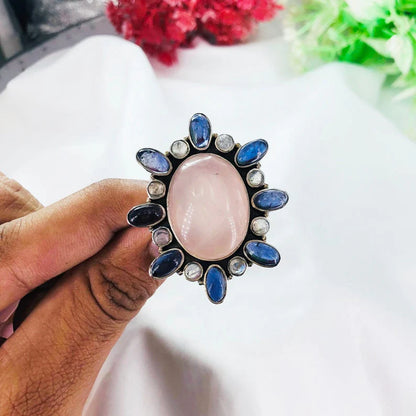 Natural Rose Quartz Gemstone 925 Sterling Silver Women Statement Ring Gift For Her