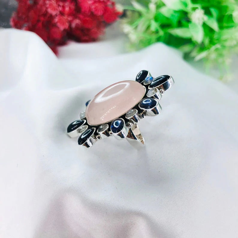 Natural Rose Quartz Gemstone 925 Sterling Silver Women Statement Ring Gift For Her