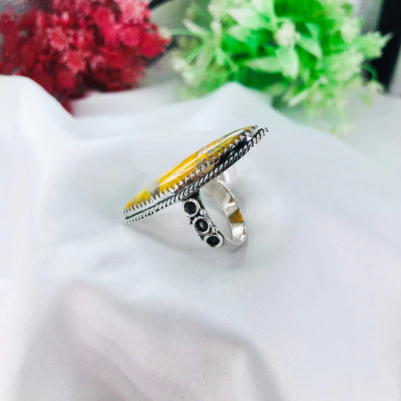 925 Sterling Silver Bumble Bee Jasper Gemstone Statement Ring Gift For Her