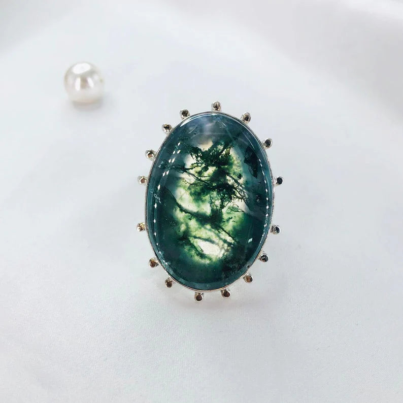 925 Sterling Silver Green Moss Agate Gemstone Statement Ring Anniversary Gift For Her