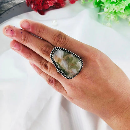 Natural Prehnite Gemstone 925 Sterling Silver Boho Ring For Women's