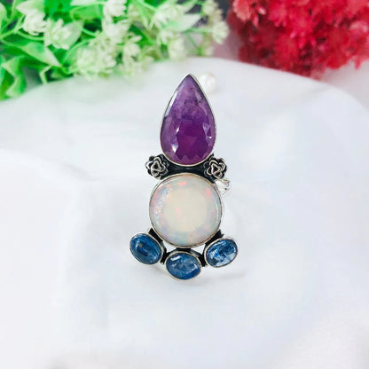 925 Sterling Silver Pink Ruby Opal Kyanite Gemstone Designer Statement Ring For Women