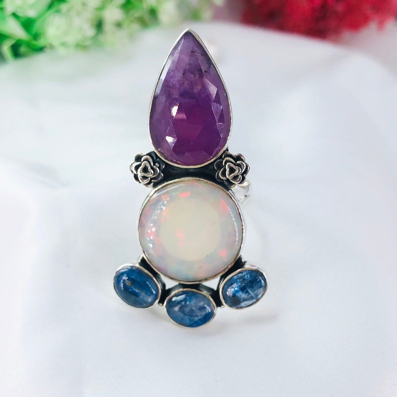 925 Sterling Silver Pink Ruby Opal Kyanite Gemstone Designer Statement Ring For Women