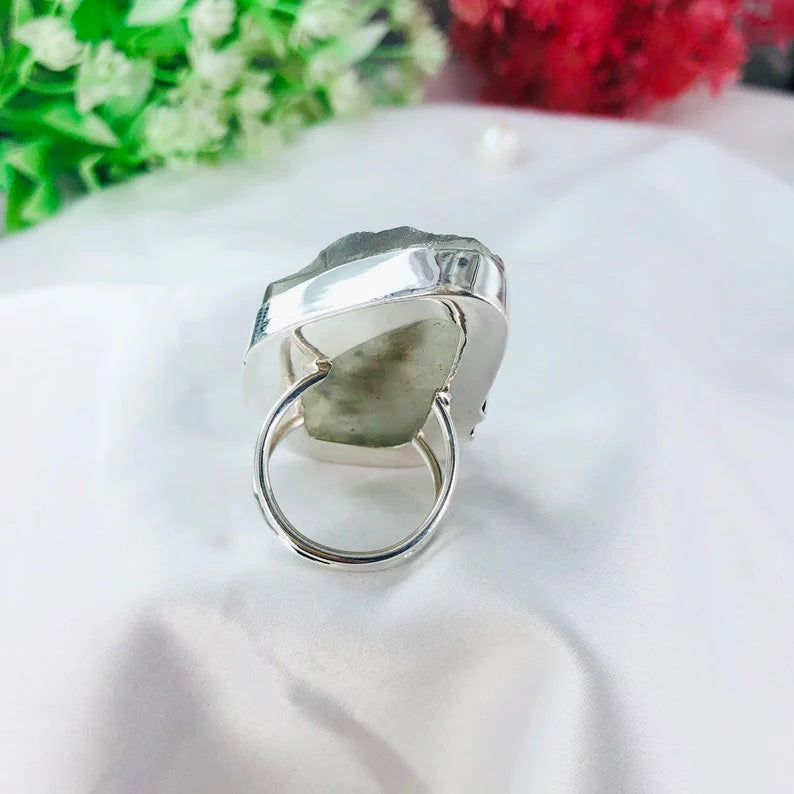 Raw Rough Rainbow Moonstone Crystal 925 Sterling Silver Boho Ring