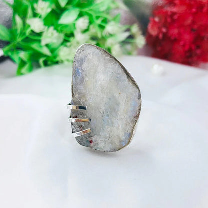 Raw Rough Rainbow Moonstone Crystal 925 Sterling Silver Boho Ring