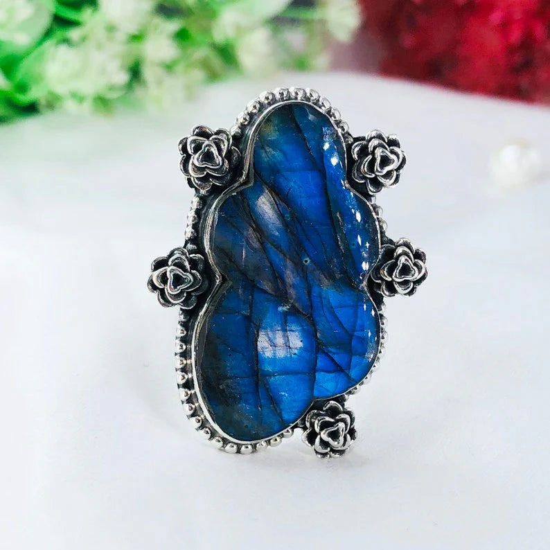 Labradorite Gemstone 925 Sterling Silver Statement Boho Ring Gift For Her