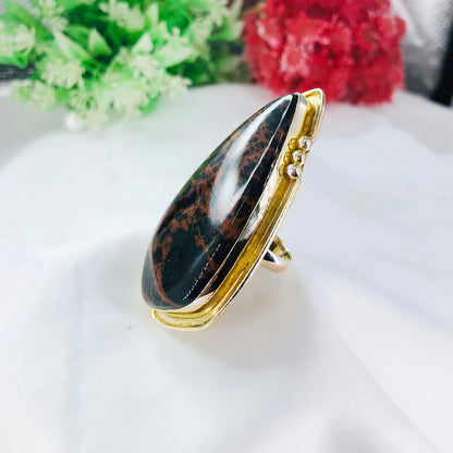 Mahogany Jasper Gemstone 925 Sterling Silver Gold Plated Statement Ring Gift For Her