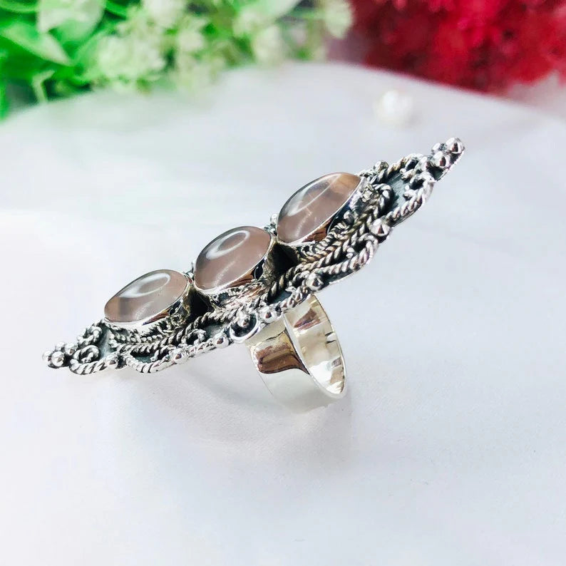 925 Sterling Silver Rose Quartz Gemstone Designer Statement Ring Gift For Her