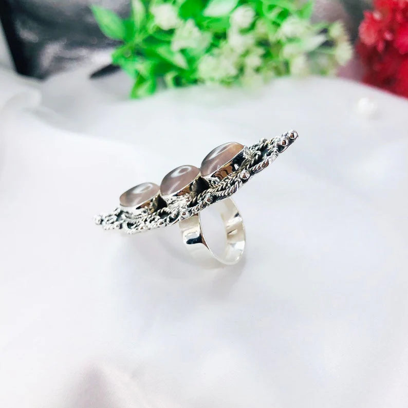 925 Sterling Silver Rose Quartz Gemstone Designer Statement Ring Gift For Her