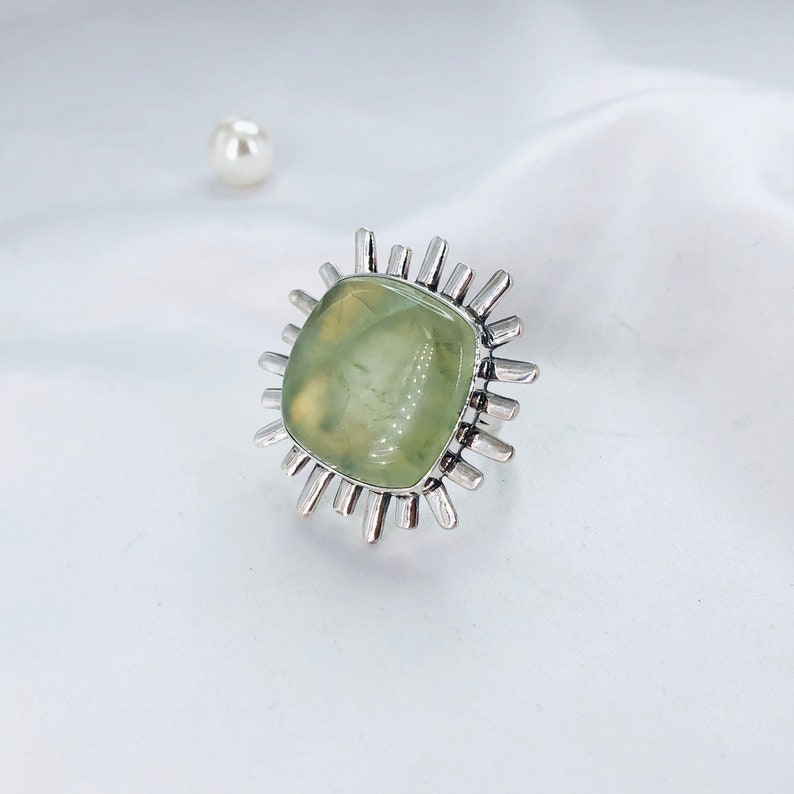 Natural Prehnite Gemstone 925 Sterling Silver Statement Ring For Women