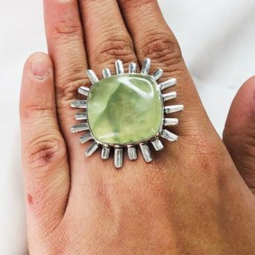 Natural Prehnite Gemstone 925 Sterling Silver Statement Ring For Women