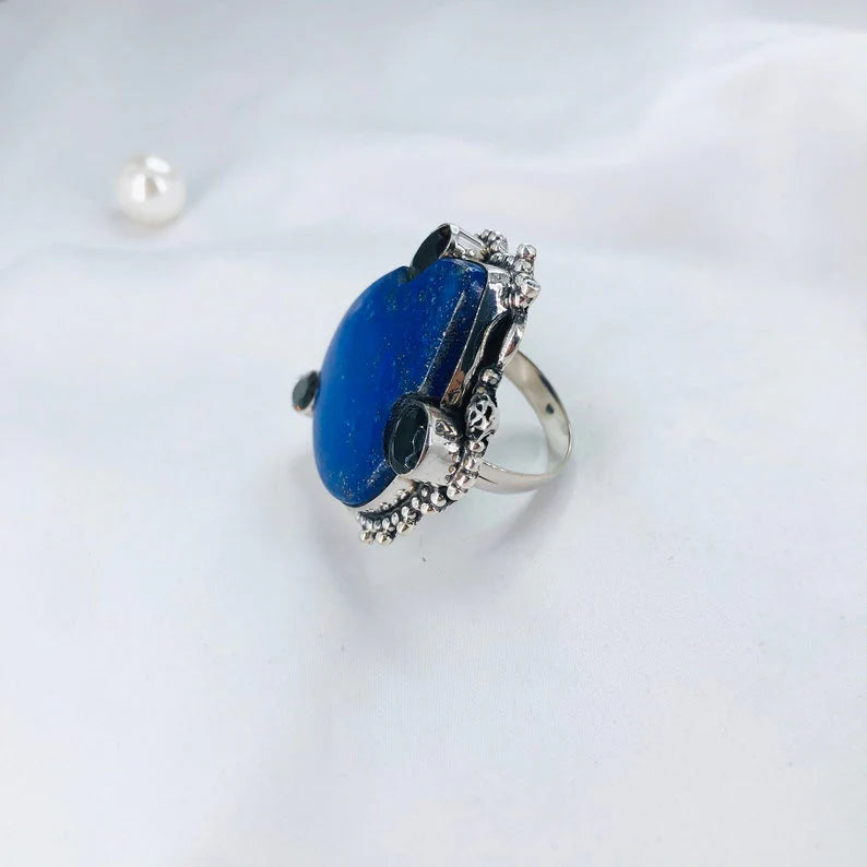 925 Sterling Silver Natural Lapis Lazuli Gemstone Statement Ring Gift For Her