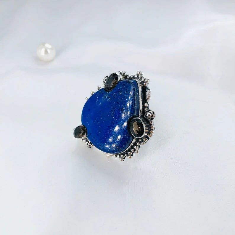 925 Sterling Silver Natural Lapis Lazuli Gemstone Statement Ring Gift For Her