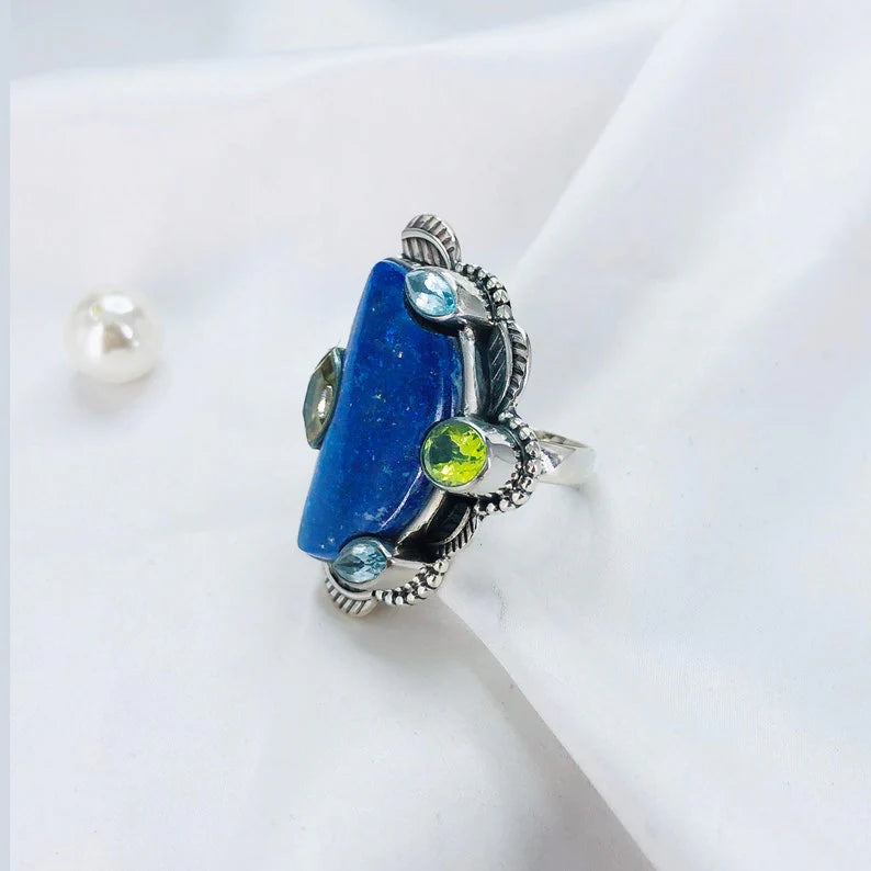 Multi Gemstone Ring 925 Sterling Silver Lapis lazuli Gemstone Designer Statement Ring Gift For Her