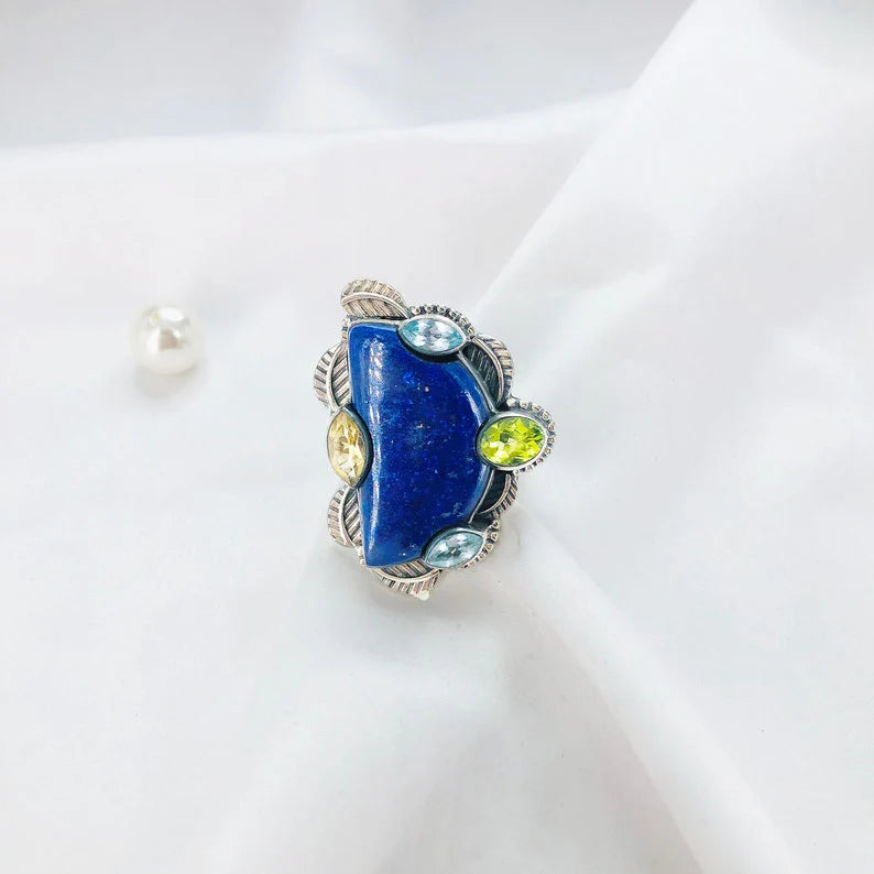 Multi Gemstone Ring 925 Sterling Silver Lapis lazuli Gemstone Designer Statement Ring Gift For Her