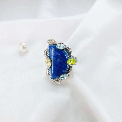 Multi Gemstone Ring 925 Sterling Silver Lapis lazuli Gemstone Designer Statement Ring Gift For Her