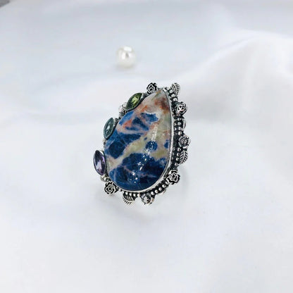 Natural Sodalite Gemstone Multi Stone Ring 925 Sterling Silver Ring Women's Ring Gift For Her