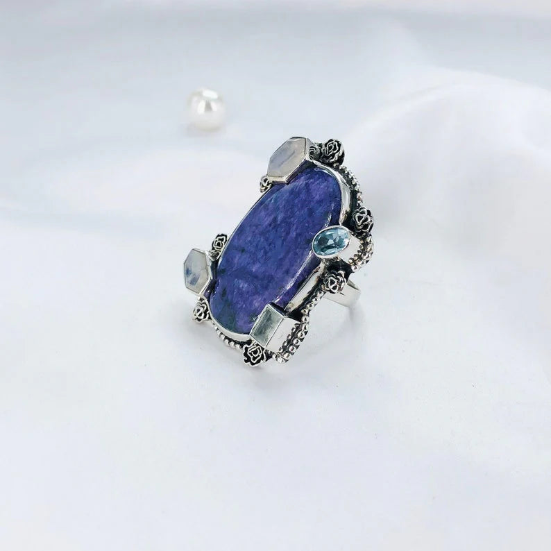 Multi Stone Ring 925 Sterling Silver Charoite Gemstone Statement Women Ring