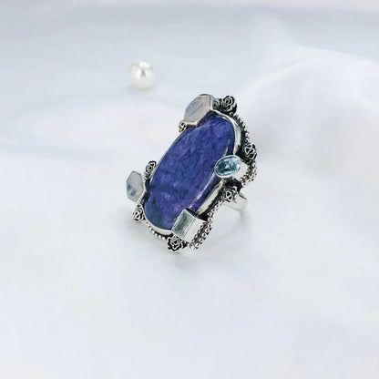 Multi Stone Ring 925 Sterling Silver Charoite Gemstone Statement Women Ring