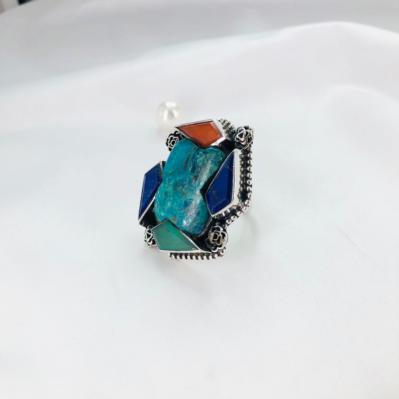 925 Sterling Silver Chrysocolla Gemstone Boho Statement Women Multi Gemstone Ring Gift For Her