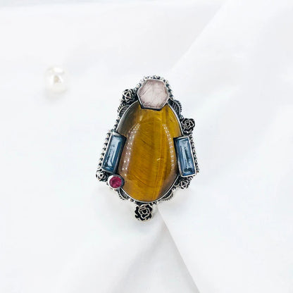 Multi Gemstone Natural Tiger's Eye Ring 925 Sterling Silver Unique Boho Ring Gift For Her