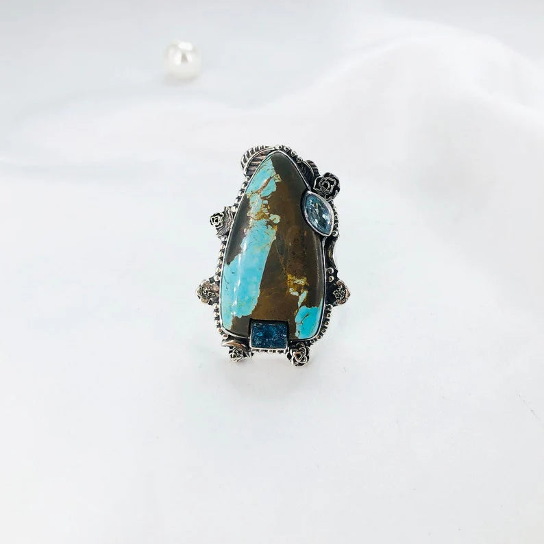 Genuine Turquoise Gemstone Ring 925 Sterling Silver Blue Topaz Ring Gift For Women