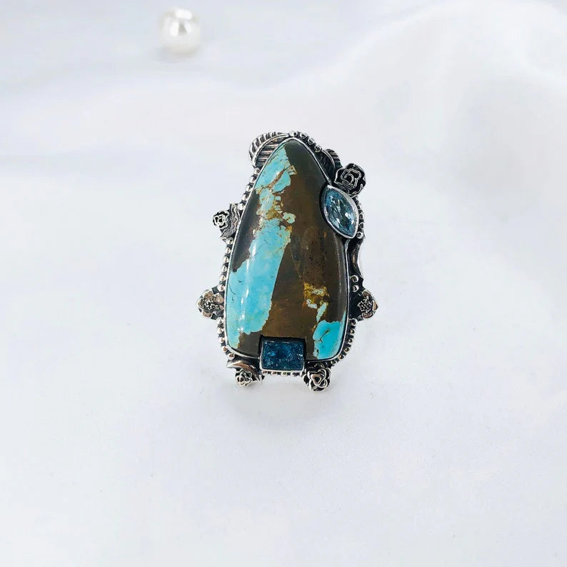 Genuine Turquoise Gemstone Ring 925 Sterling Silver Blue Topaz Ring Gift For Women