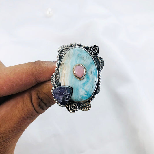 925 Sterling Silver Beautiful Larimar Boho Ring Gift For Her