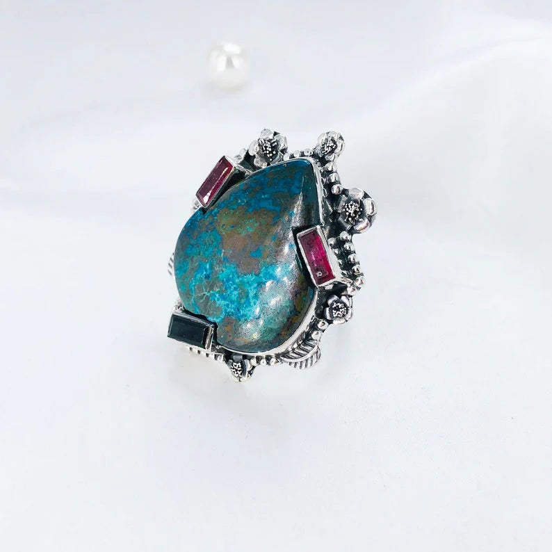 Multi Gemstone Ring 925 Sterling Silver Chrysocolla Gemstone Boho Statement Ring For Her