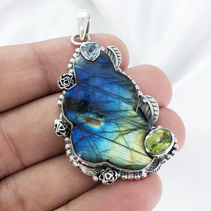 Blue Fire Labradorite Gemstone 925 Sterling Silver Pendant Multi Gemstone Pendant Gift For Her