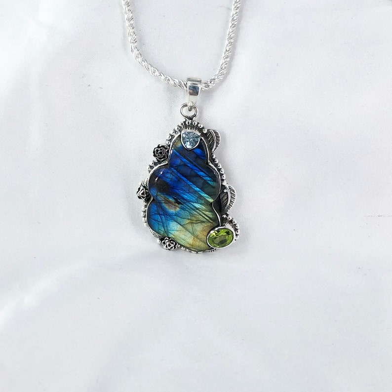 Blue Fire Labradorite Gemstone 925 Sterling Silver Pendant Multi Gemstone Pendant Gift For Her