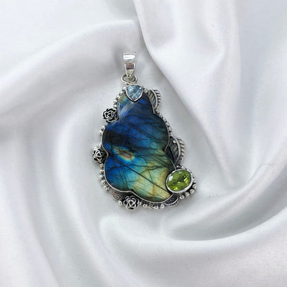 Blue Fire Labradorite Gemstone 925 Sterling Silver Pendant Multi Gemstone Pendant Gift For Her