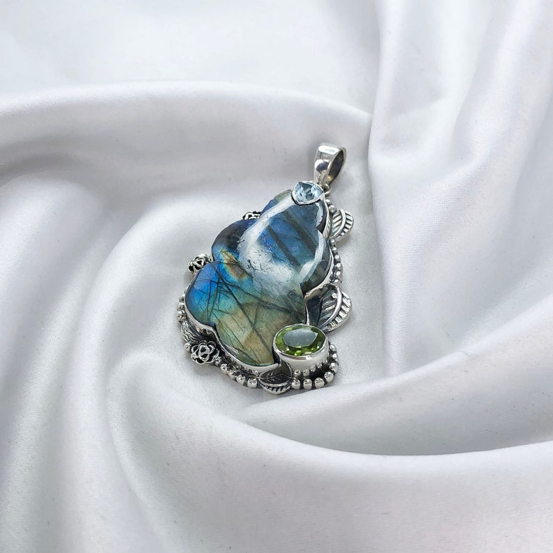 Blue Fire Labradorite Gemstone 925 Sterling Silver Pendant Multi Gemstone Pendant Gift For Her