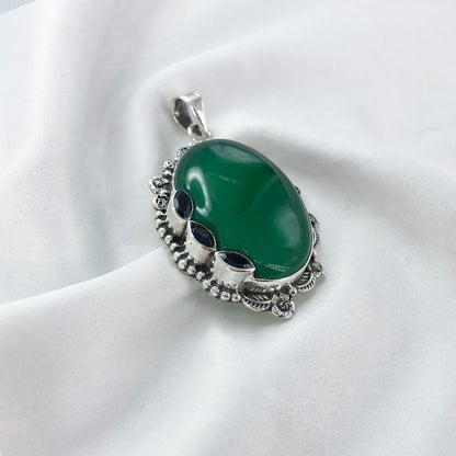 925 Sterling Silver Green Onyx Gemstone Statement Pendant