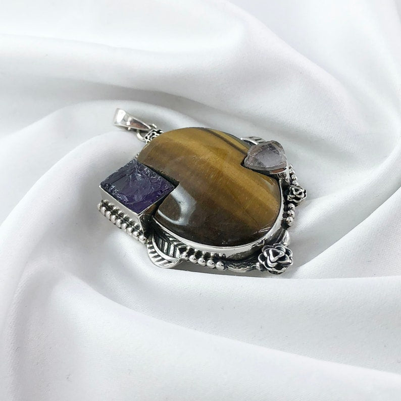 Tiger Eye Pendant 925 Sterling Silver Multi Stone Pendant Gift For Her