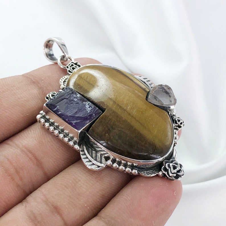 Tiger Eye Pendant 925 Sterling Silver Multi Stone Pendant Gift For Her