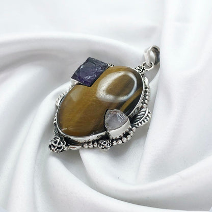 Tiger Eye Pendant 925 Sterling Silver Multi Stone Pendant Gift For Her