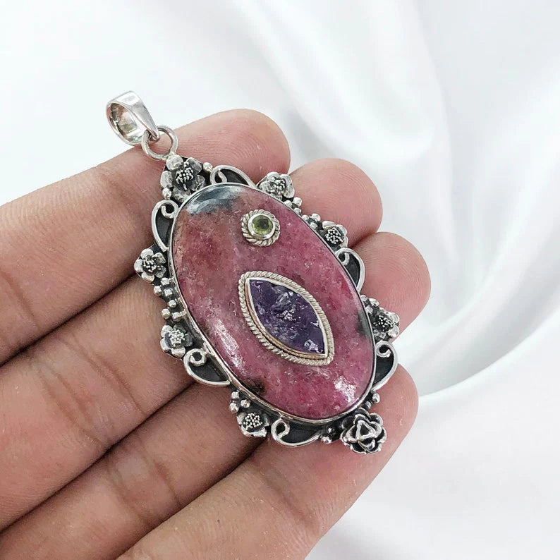 Natural Rhodonite Gemstone 925 Sterling Silver Boho Pendant Multi Gemstone Pendant Gift