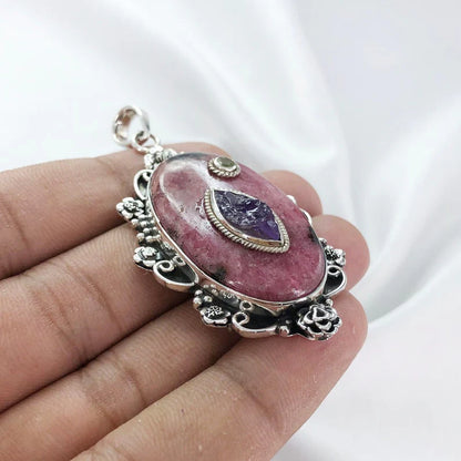 Natural Rhodonite Gemstone 925 Sterling Silver Boho Pendant Multi Gemstone Pendant Gift