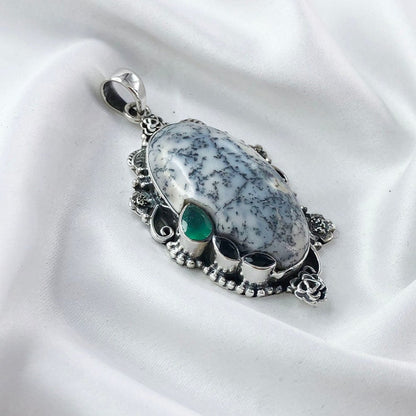 Natural Unique Dendrite Opal Pendant 925 Sterling Silver Black Onyx and Green Onyx Pendant