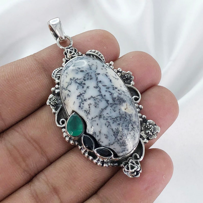 Natural Unique Dendrite Opal Pendant 925 Sterling Silver Black Onyx and Green Onyx Pendant