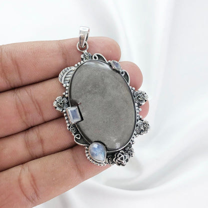 Natural Rainbow Moonstone Necklace 925 Sterling Silver Sheen Obsidian Unique Gemstone Pendant Gift For Her