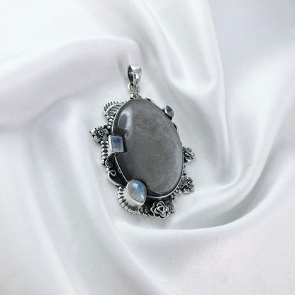 Natural Rainbow Moonstone Necklace 925 Sterling Silver Sheen Obsidian Unique Gemstone Pendant Gift For Her