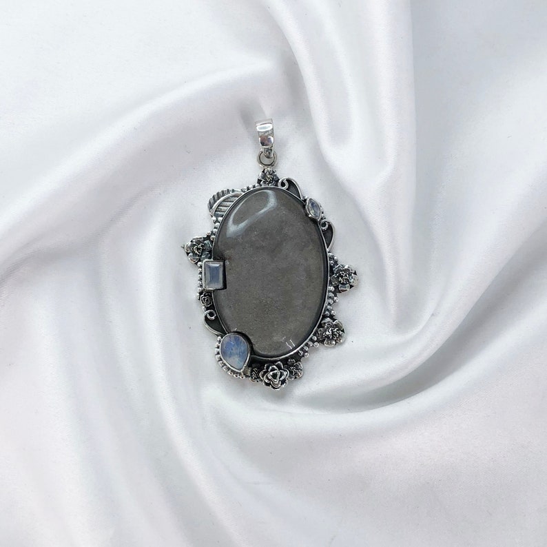 Natural Rainbow Moonstone Necklace 925 Sterling Silver Sheen Obsidian Unique Gemstone Pendant Gift For Her