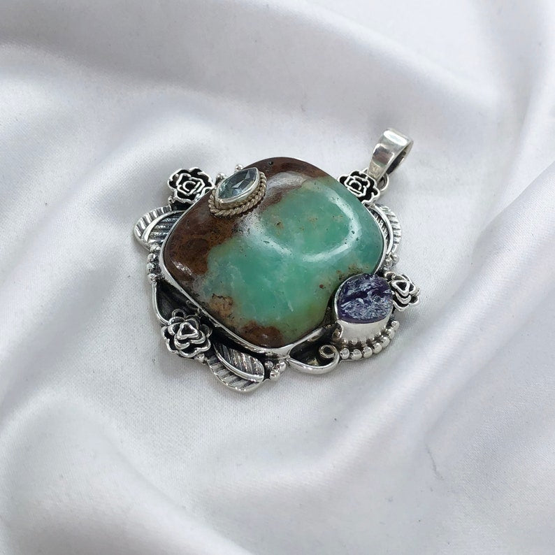 925 Sterling Silver Chrysoprase Gemstone Women's Statement Pendant Gift For Her