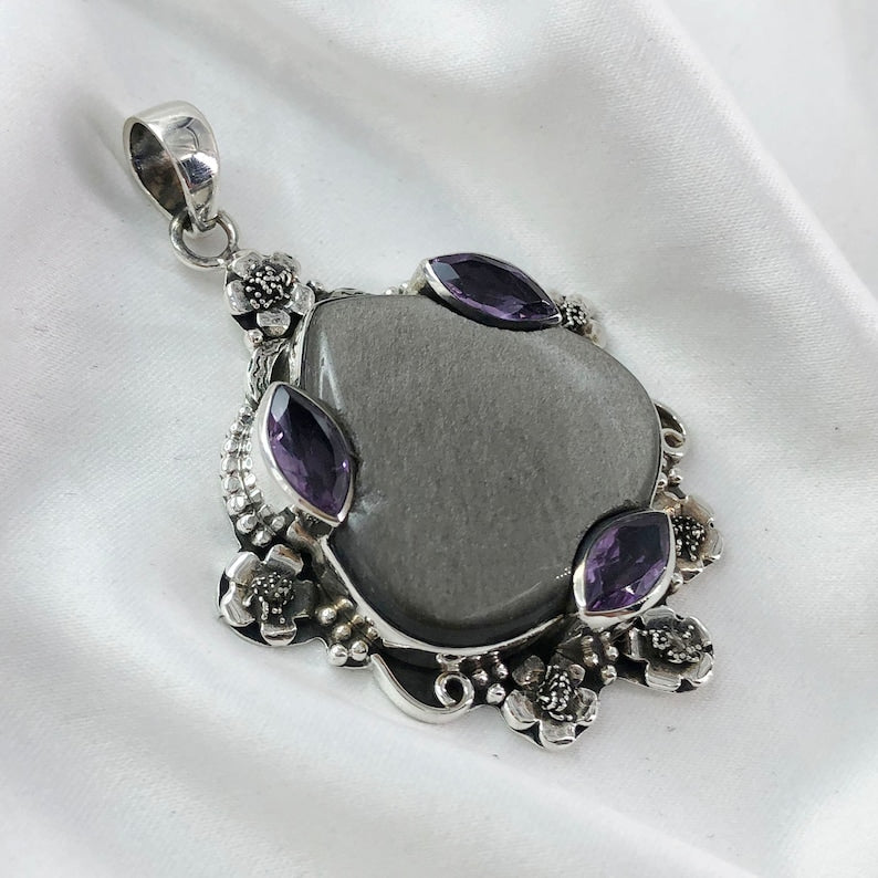 925 Sterling Silver Sheen Obsidian Gemstone Boho Pendant Amethyst Gemstone Pendant Gift For Her