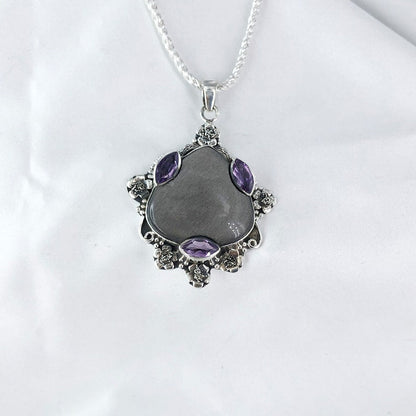 925 Sterling Silver Sheen Obsidian Gemstone Boho Pendant Amethyst Gemstone Pendant Gift For Her